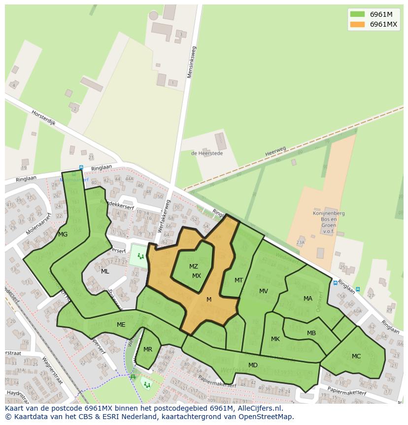 Afbeelding van het postcodegebied 6961 MX op de kaart.