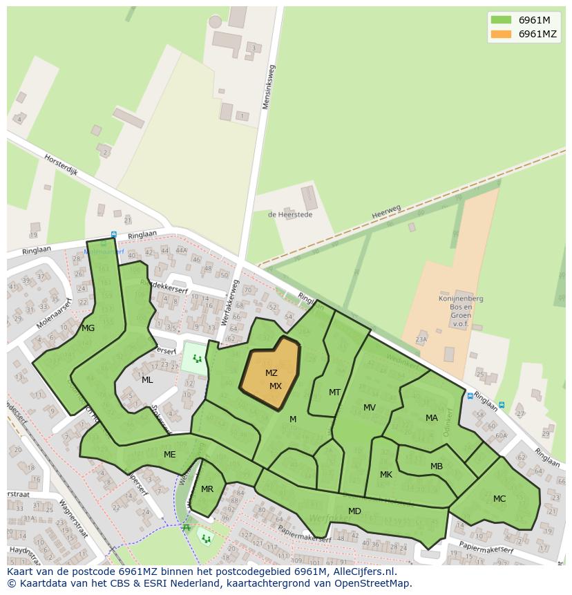 Afbeelding van het postcodegebied 6961 MZ op de kaart.