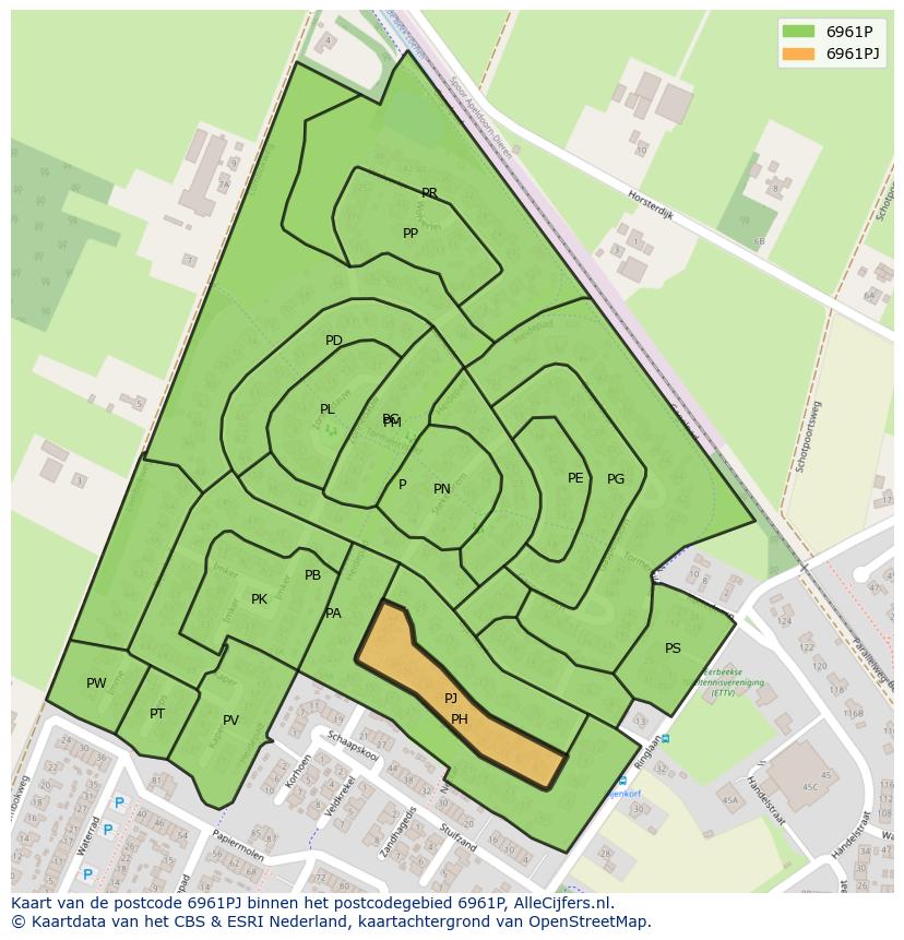 Afbeelding van het postcodegebied 6961 PJ op de kaart.