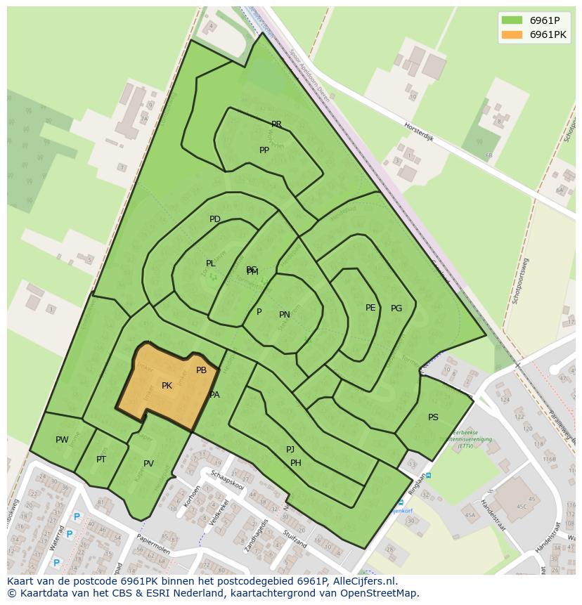 Afbeelding van het postcodegebied 6961 PK op de kaart.