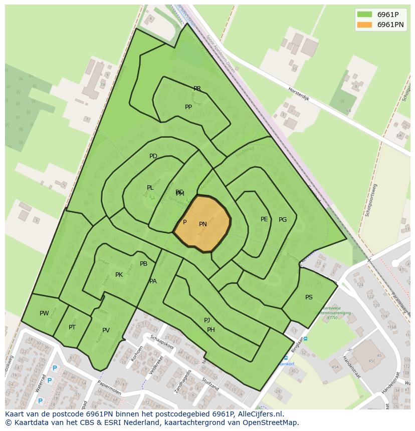 Afbeelding van het postcodegebied 6961 PN op de kaart.
