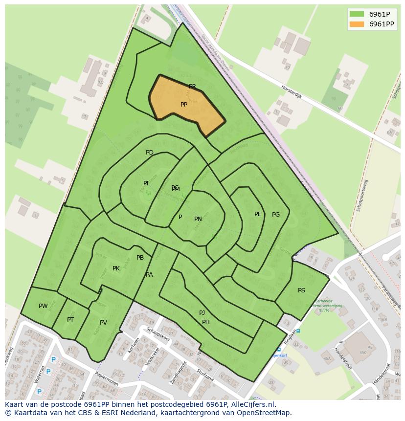Afbeelding van het postcodegebied 6961 PP op de kaart.