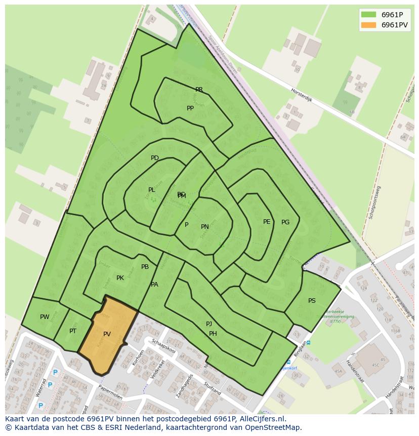Afbeelding van het postcodegebied 6961 PV op de kaart.