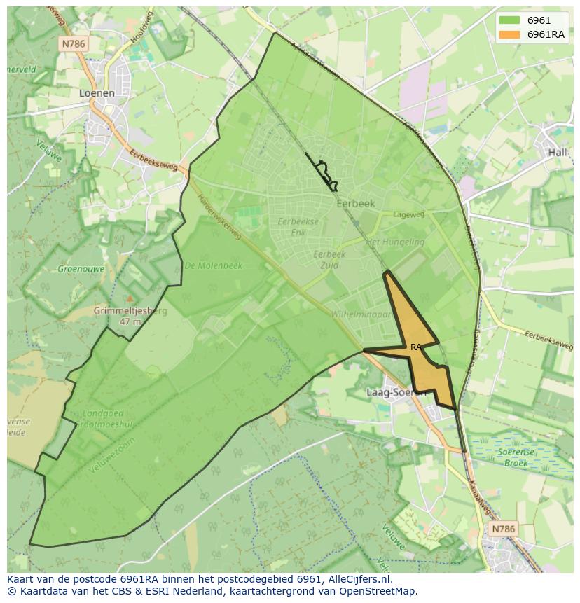 Afbeelding van het postcodegebied 6961 RA op de kaart.