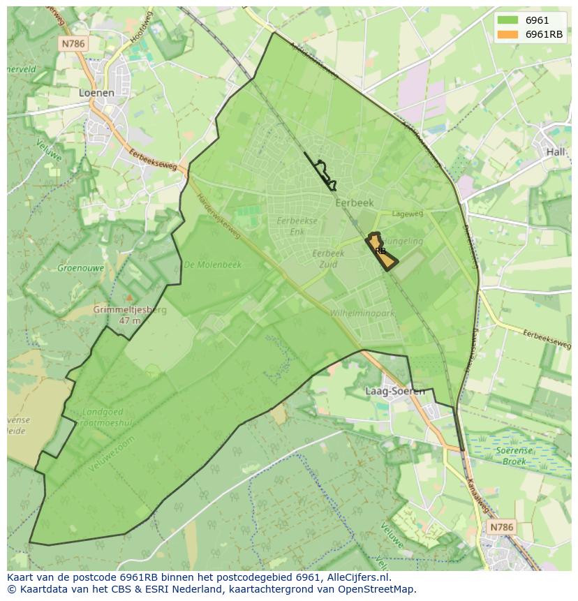 Afbeelding van het postcodegebied 6961 RB op de kaart.