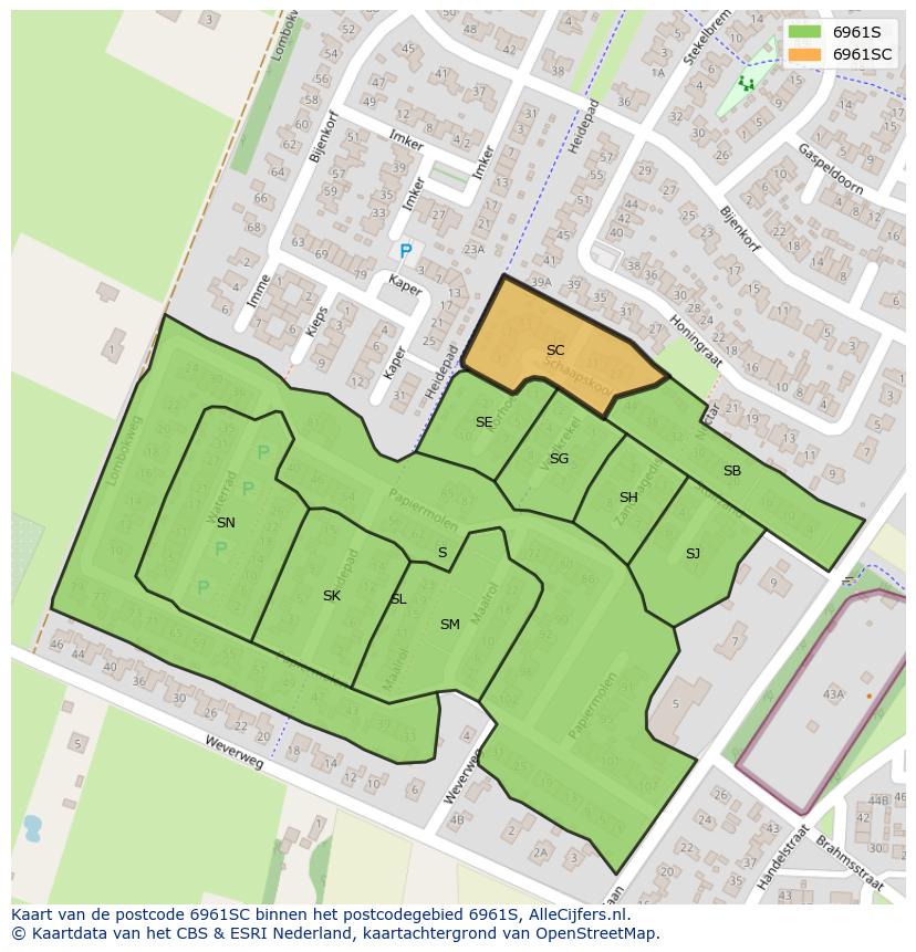 Afbeelding van het postcodegebied 6961 SC op de kaart.