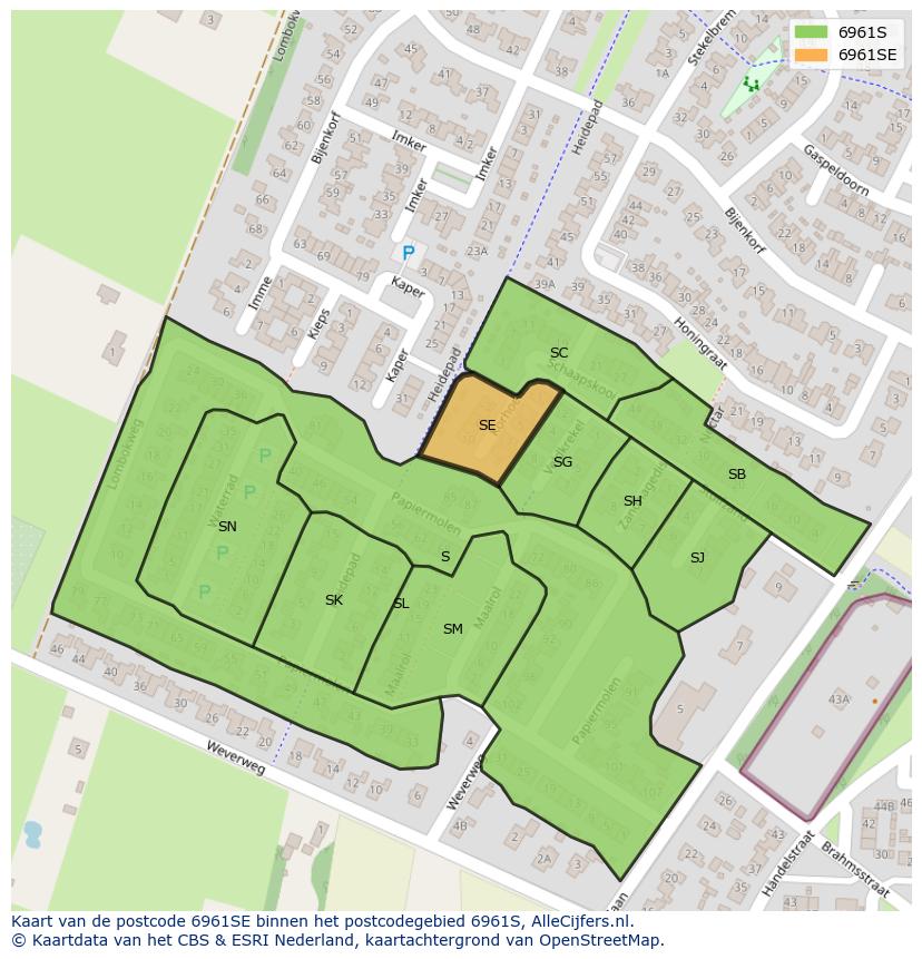 Afbeelding van het postcodegebied 6961 SE op de kaart.