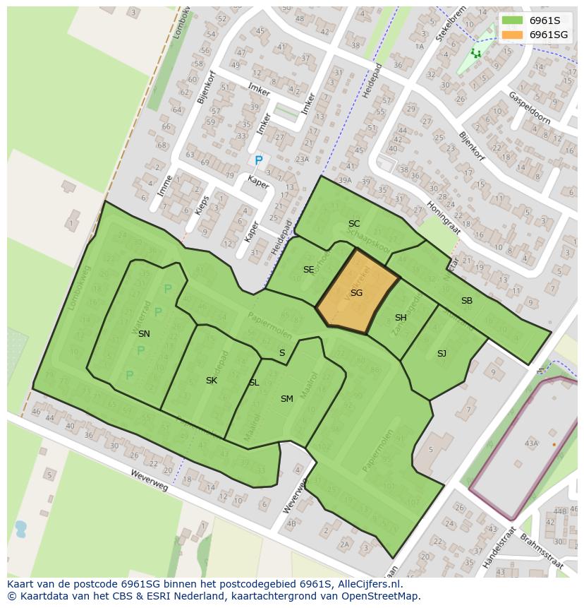 Afbeelding van het postcodegebied 6961 SG op de kaart.