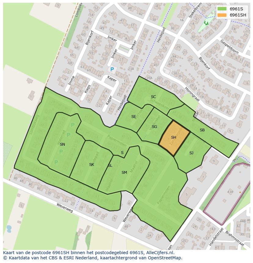 Afbeelding van het postcodegebied 6961 SH op de kaart.