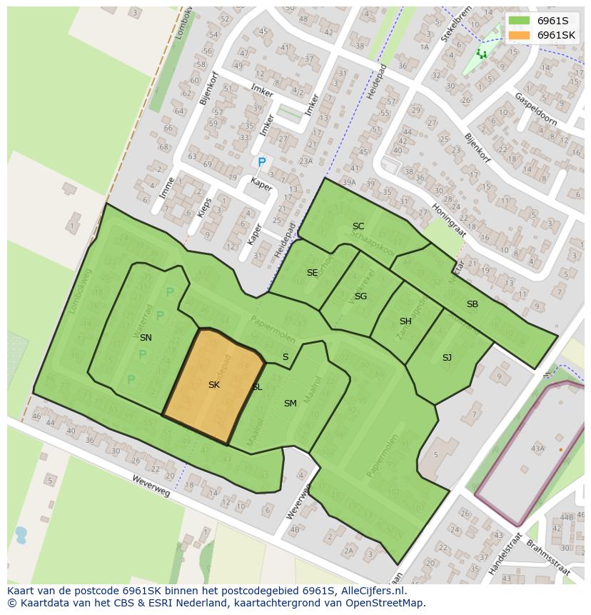 Afbeelding van het postcodegebied 6961 SK op de kaart.