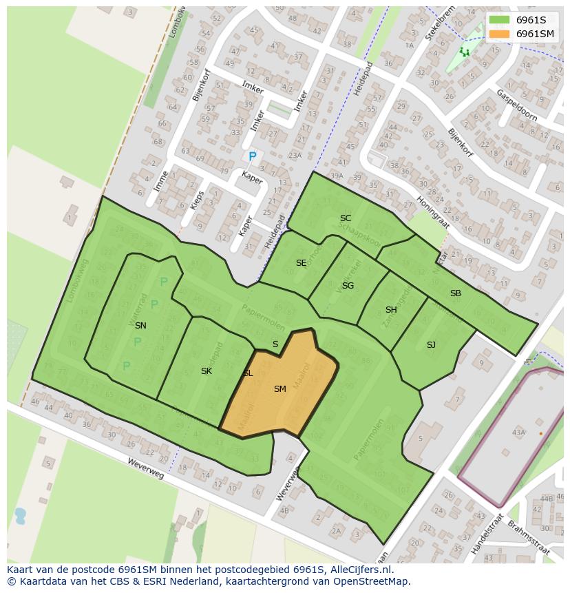 Afbeelding van het postcodegebied 6961 SM op de kaart.