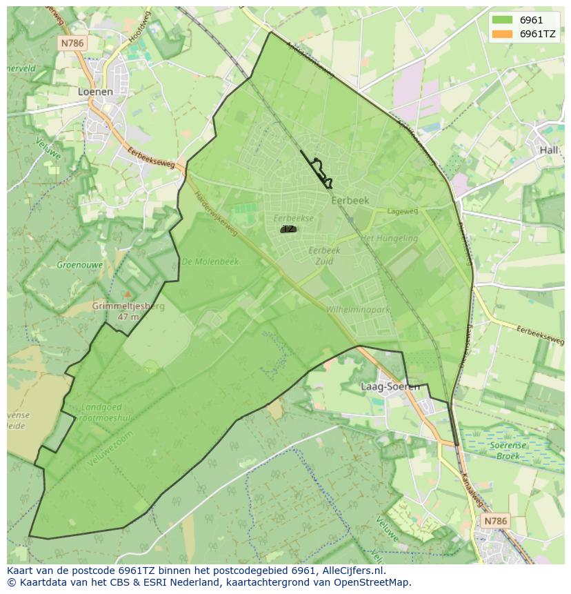 Afbeelding van het postcodegebied 6961 TZ op de kaart.