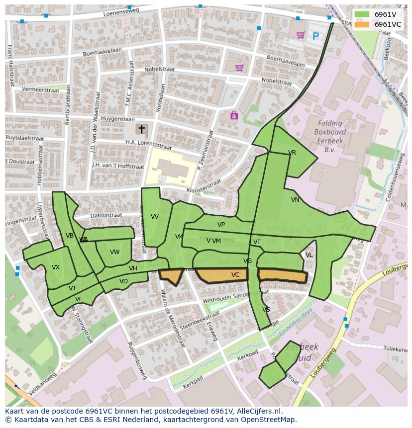 Afbeelding van het postcodegebied 6961 VC op de kaart.