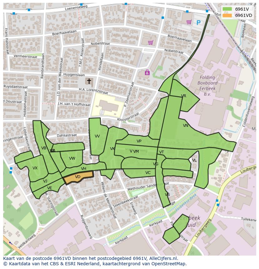 Afbeelding van het postcodegebied 6961 VD op de kaart.