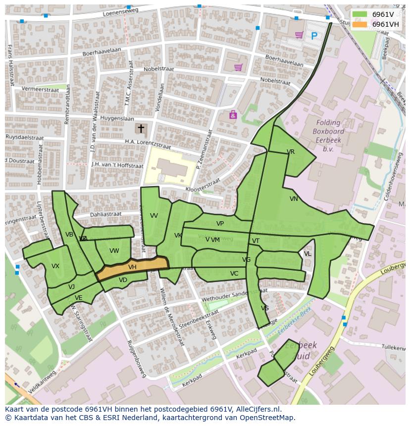 Afbeelding van het postcodegebied 6961 VH op de kaart.
