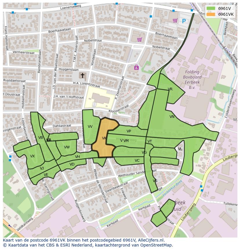 Afbeelding van het postcodegebied 6961 VK op de kaart.