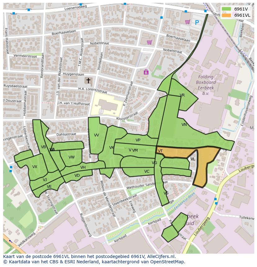 Afbeelding van het postcodegebied 6961 VL op de kaart.
