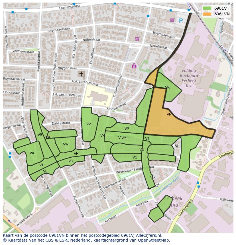 Afbeelding van het postcodegebied 6961 VN op de kaart.