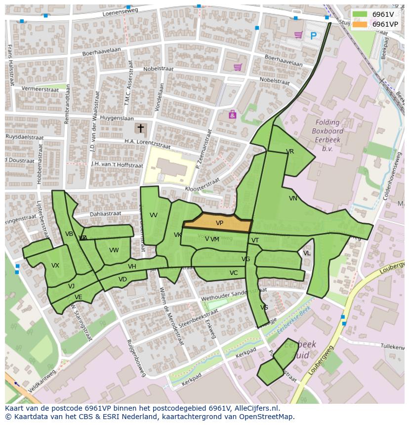 Afbeelding van het postcodegebied 6961 VP op de kaart.