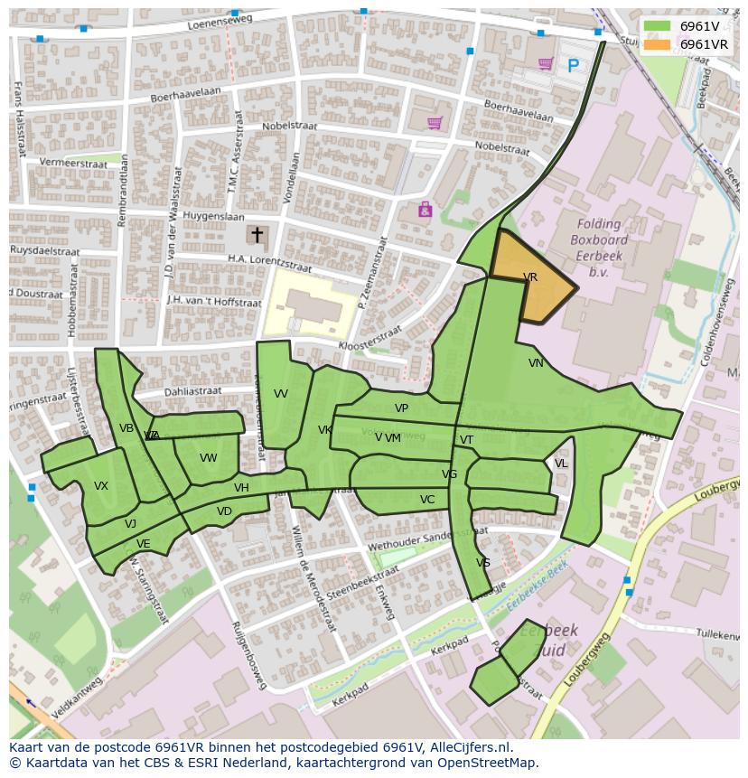 Afbeelding van het postcodegebied 6961 VR op de kaart.
