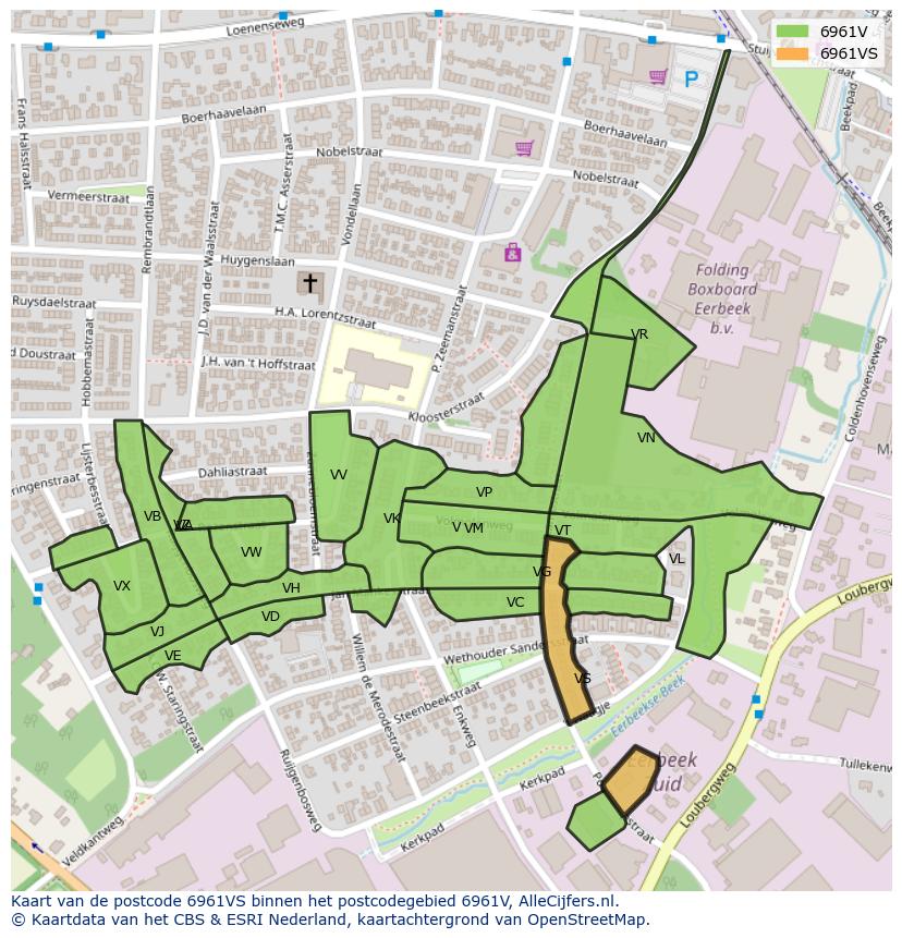 Afbeelding van het postcodegebied 6961 VS op de kaart.