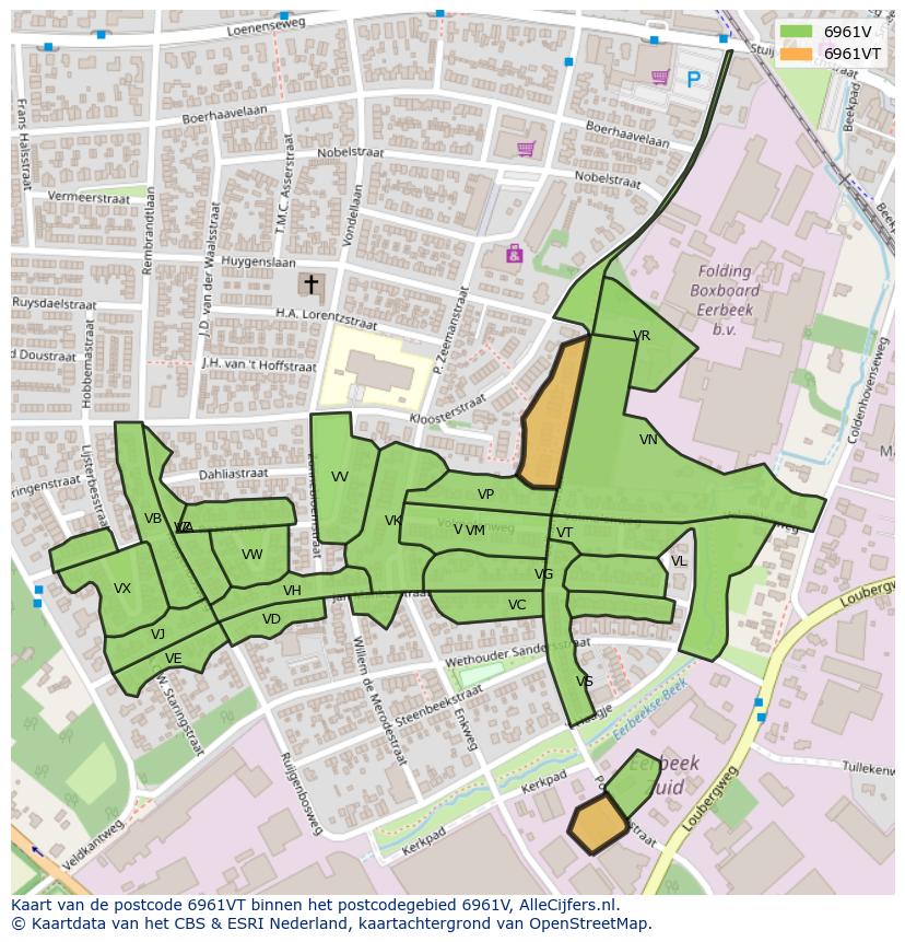 Afbeelding van het postcodegebied 6961 VT op de kaart.