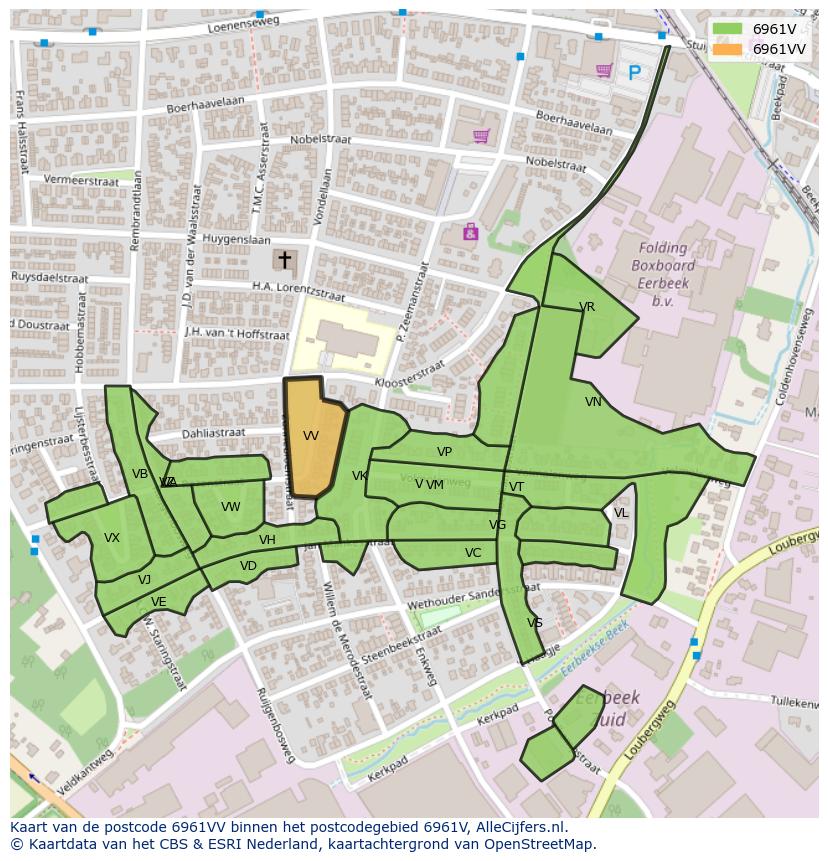 Afbeelding van het postcodegebied 6961 VV op de kaart.