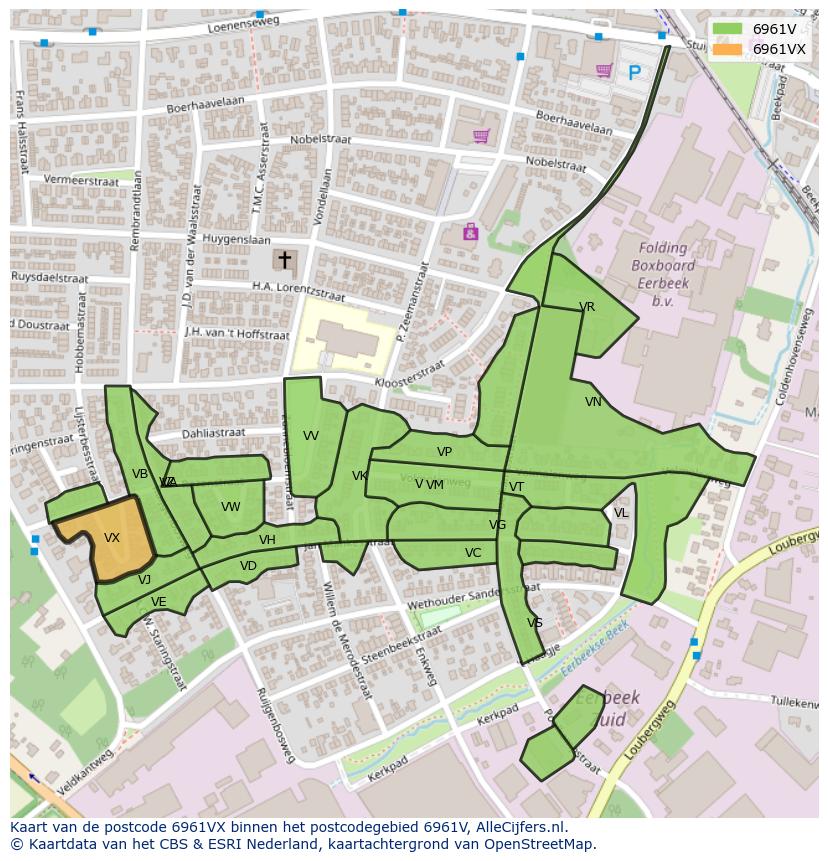 Afbeelding van het postcodegebied 6961 VX op de kaart.