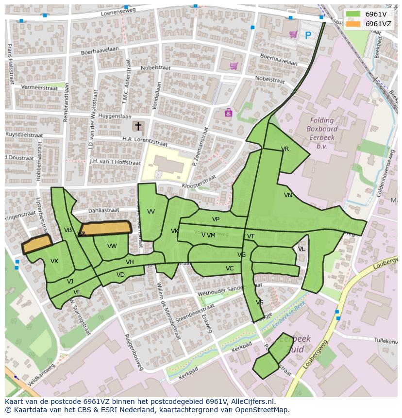 Afbeelding van het postcodegebied 6961 VZ op de kaart.