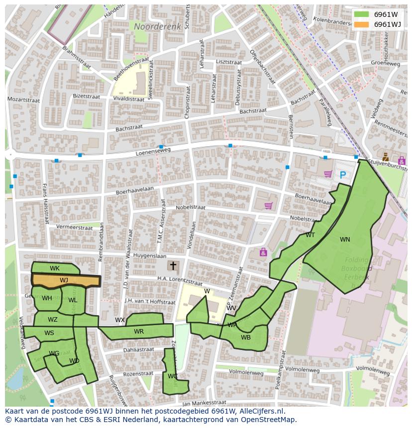 Afbeelding van het postcodegebied 6961 WJ op de kaart.