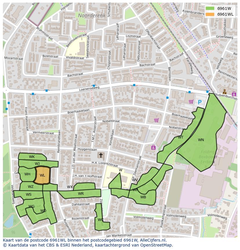 Afbeelding van het postcodegebied 6961 WL op de kaart.