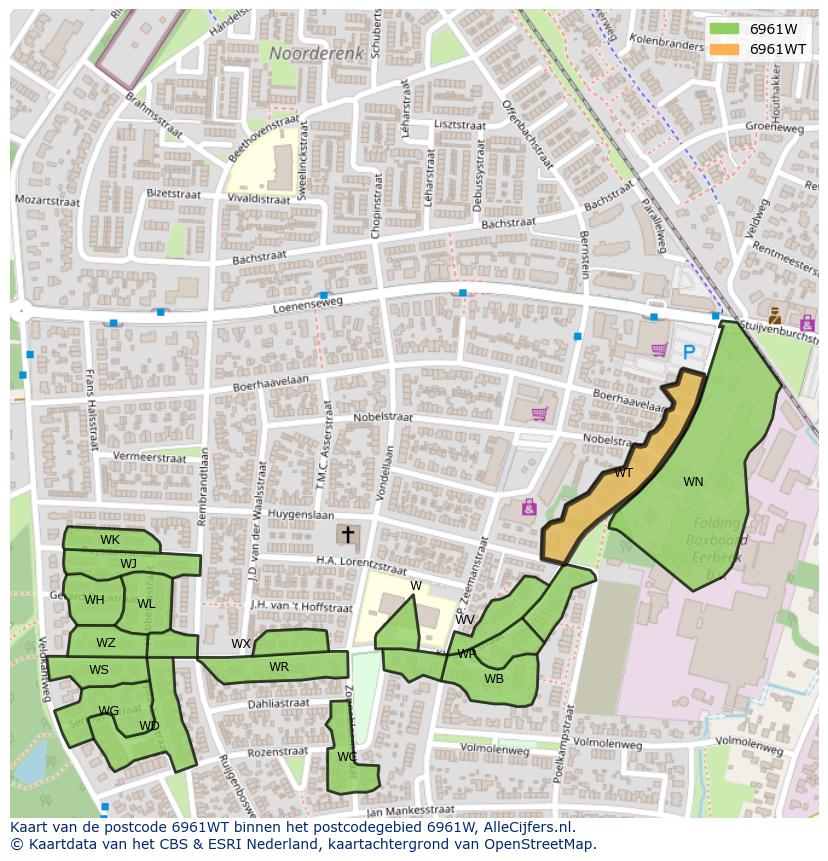 Afbeelding van het postcodegebied 6961 WT op de kaart.