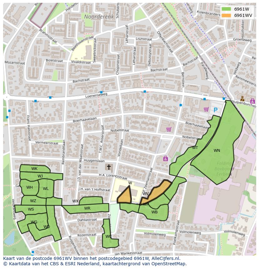 Afbeelding van het postcodegebied 6961 WV op de kaart.