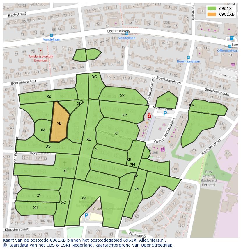 Afbeelding van het postcodegebied 6961 XB op de kaart.