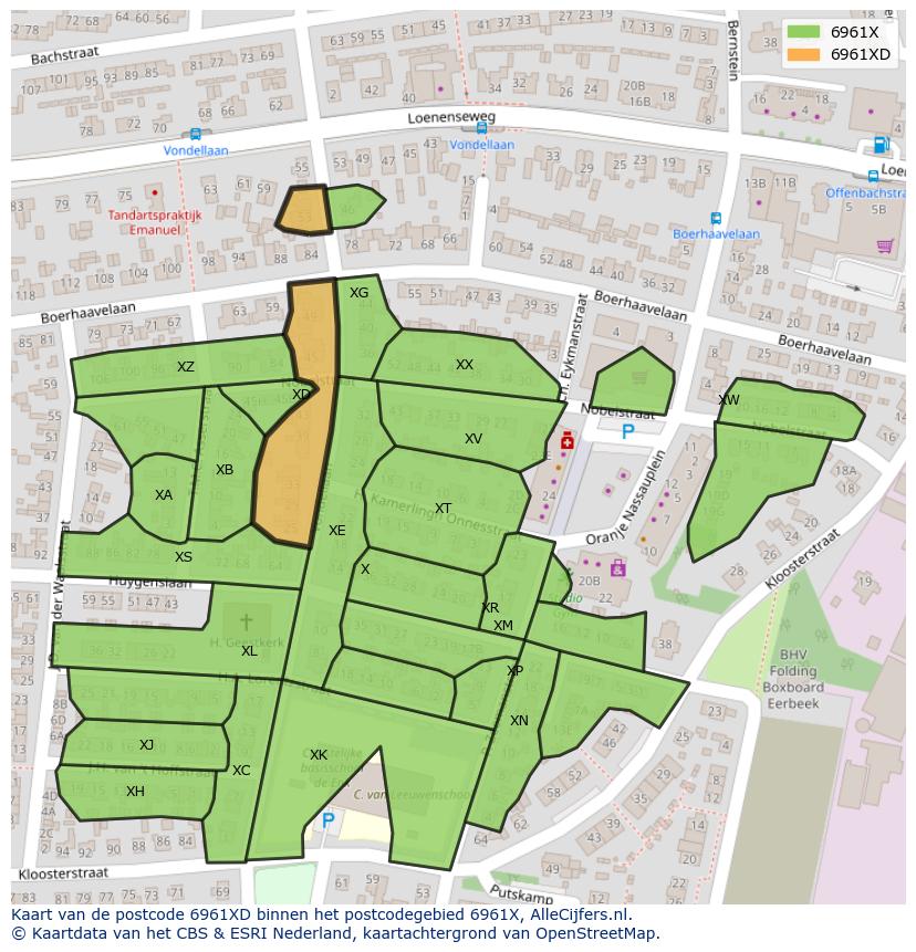 Afbeelding van het postcodegebied 6961 XD op de kaart.