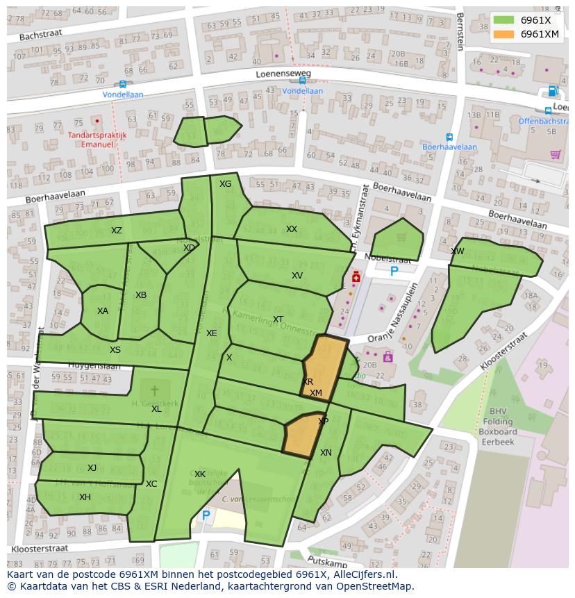 Afbeelding van het postcodegebied 6961 XM op de kaart.