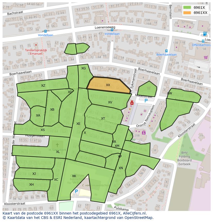 Afbeelding van het postcodegebied 6961 XX op de kaart.