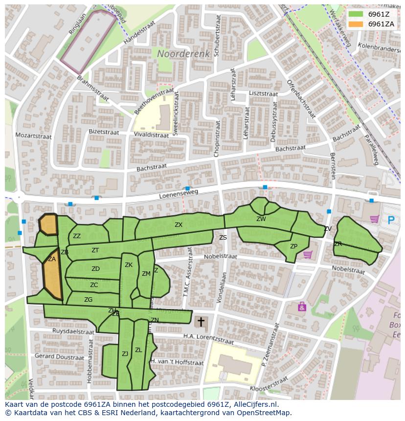 Afbeelding van het postcodegebied 6961 ZA op de kaart.
