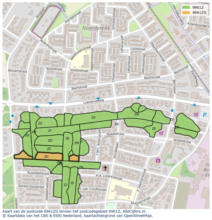 Afbeelding van het postcodegebied 6961 ZG op de kaart.