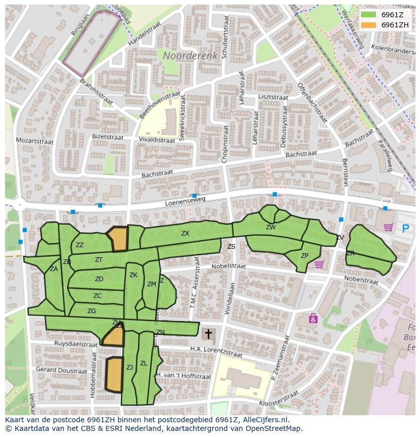 Afbeelding van het postcodegebied 6961 ZH op de kaart.