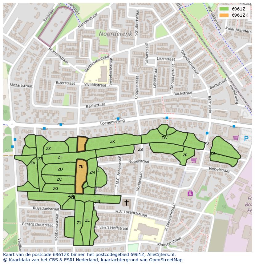 Afbeelding van het postcodegebied 6961 ZK op de kaart.