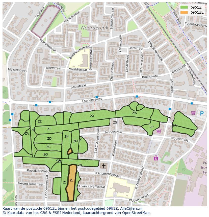 Afbeelding van het postcodegebied 6961 ZL op de kaart.
