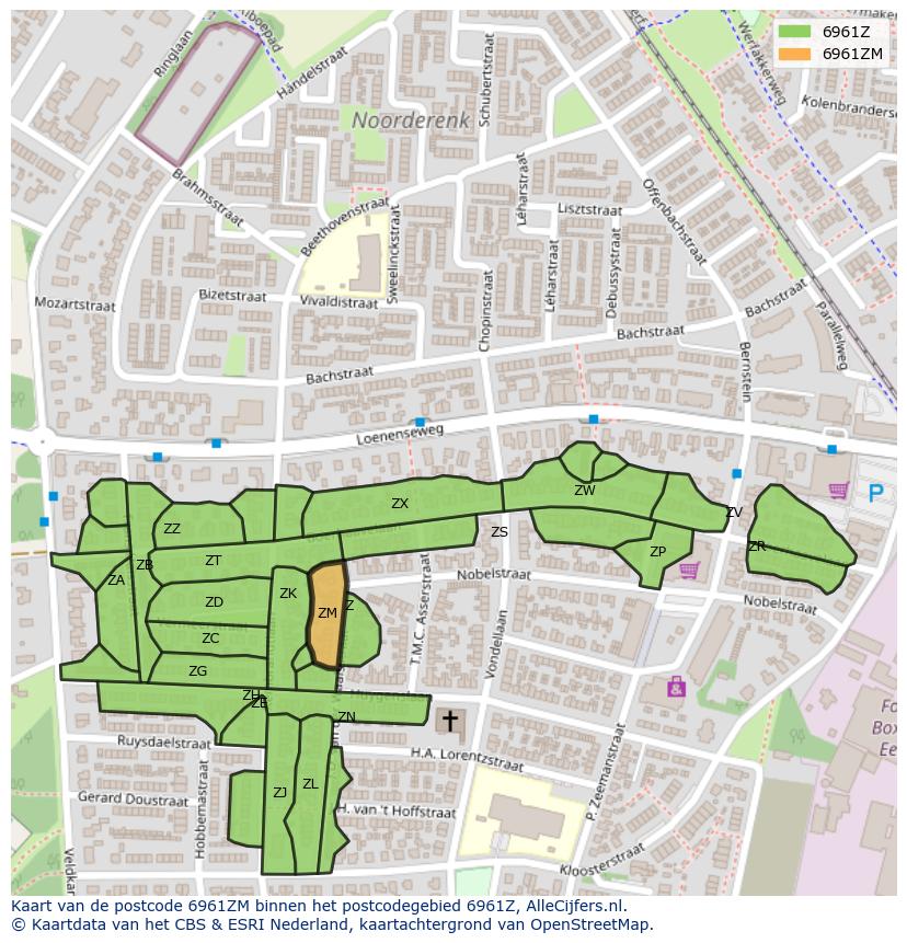Afbeelding van het postcodegebied 6961 ZM op de kaart.