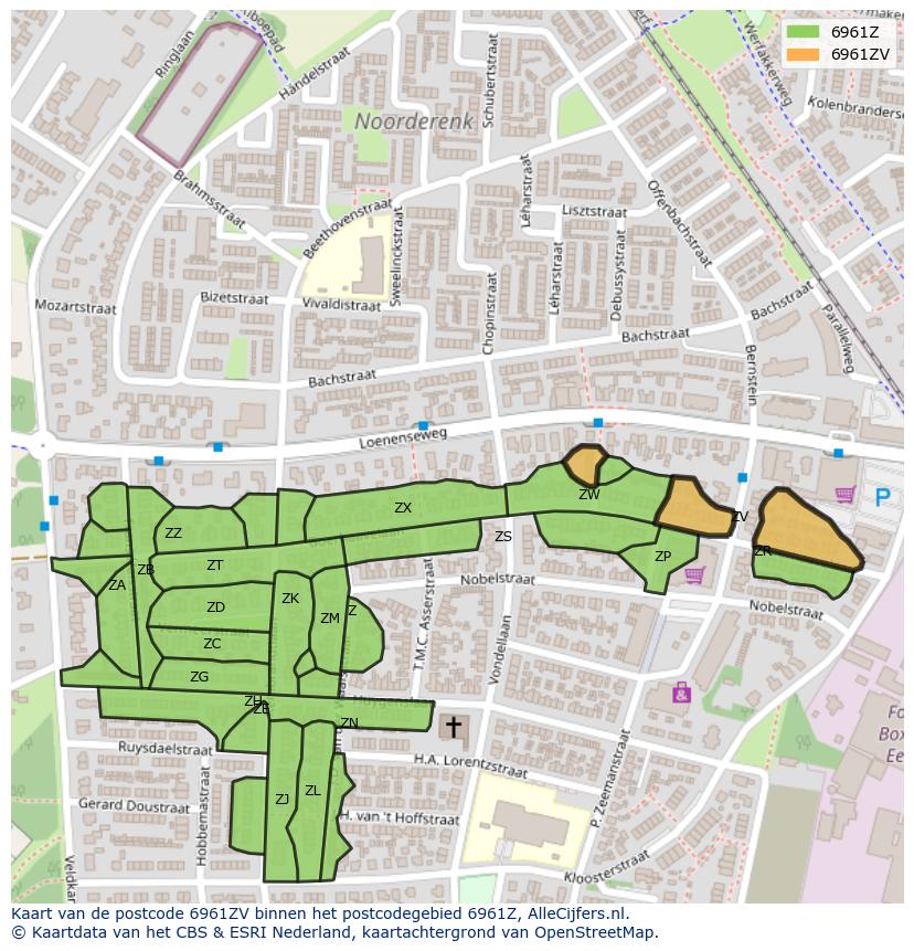 Afbeelding van het postcodegebied 6961 ZV op de kaart.