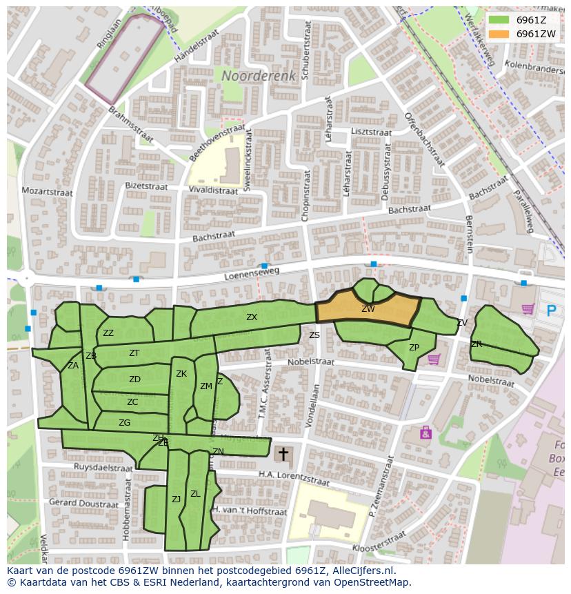 Afbeelding van het postcodegebied 6961 ZW op de kaart.