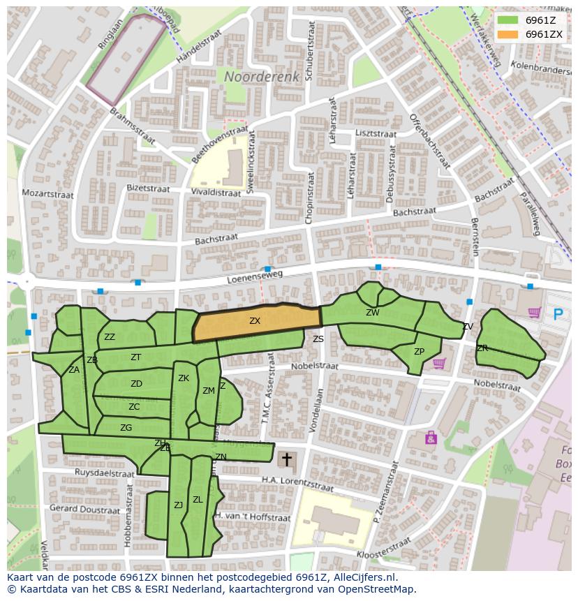 Afbeelding van het postcodegebied 6961 ZX op de kaart.