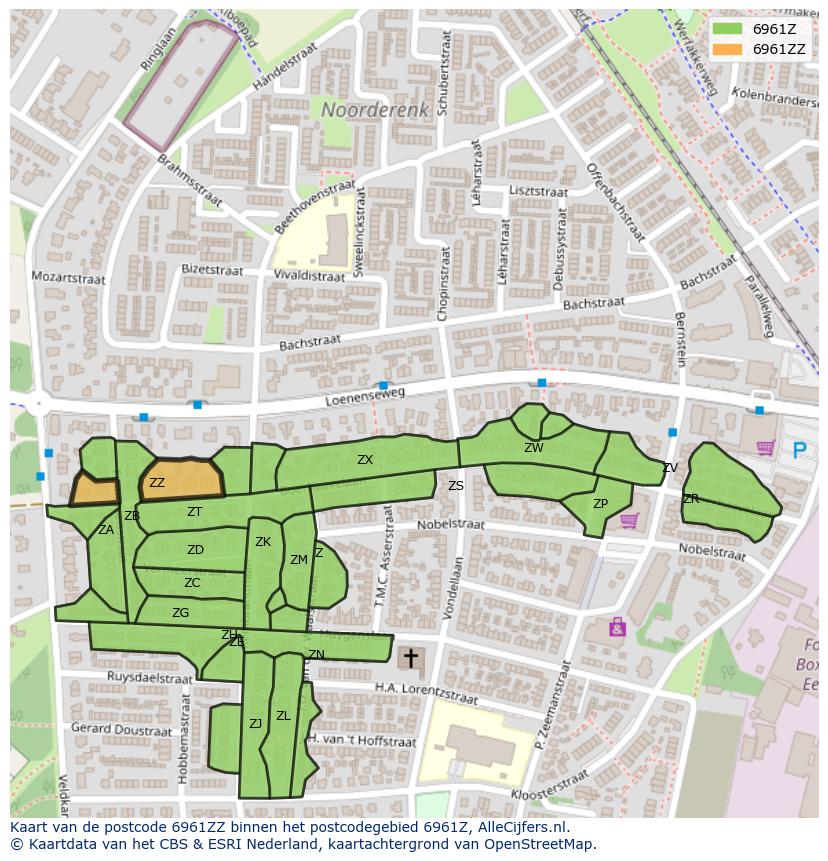 Afbeelding van het postcodegebied 6961 ZZ op de kaart.