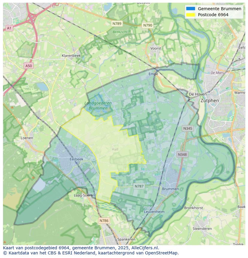 Afbeelding van het postcodegebied 6964 op de kaart.
