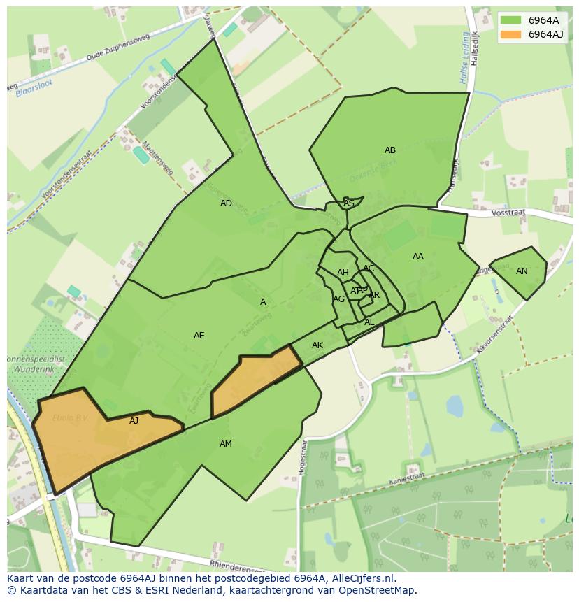 Afbeelding van het postcodegebied 6964 AJ op de kaart.