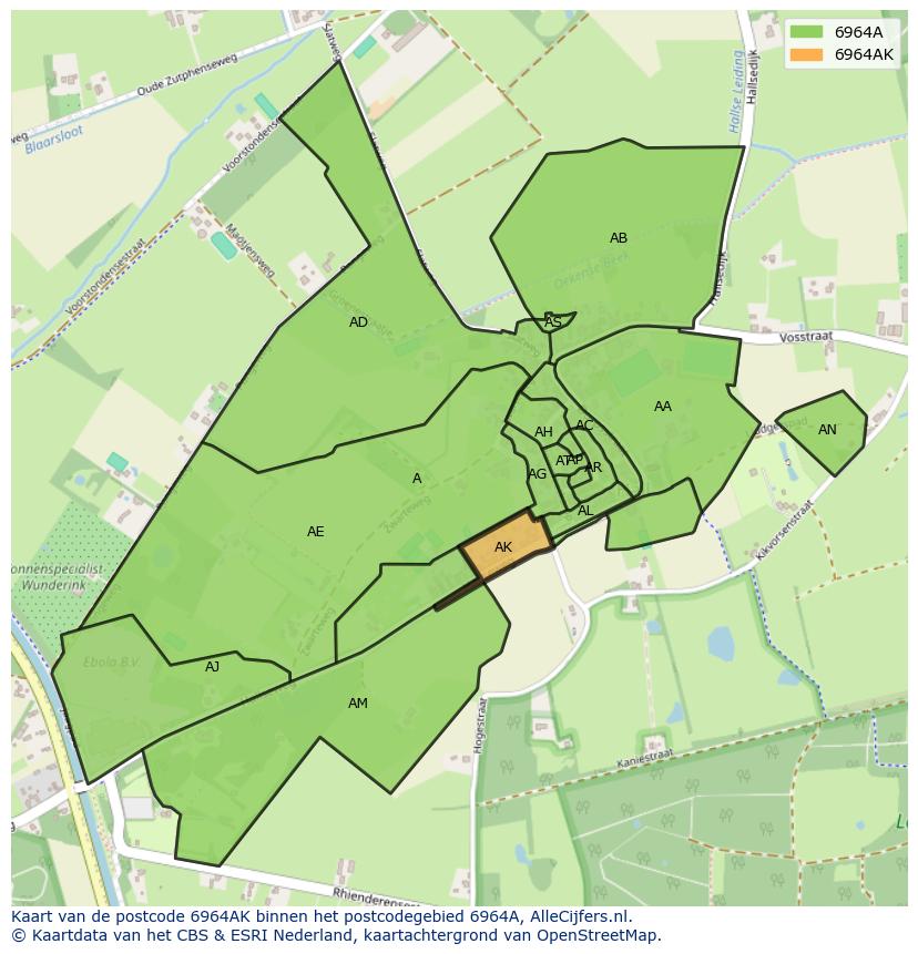 Afbeelding van het postcodegebied 6964 AK op de kaart.